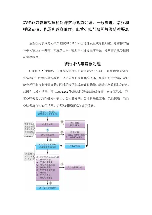 急性心力衰竭疾病初始评估与紧急处理、一般处理、氧疗和呼吸支持、利尿和减容治疗、血管扩张剂等治疗管理