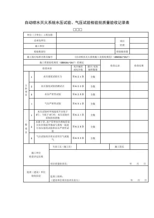 自动喷水灭火系统水压试验、气压试验检验批质量验收记录