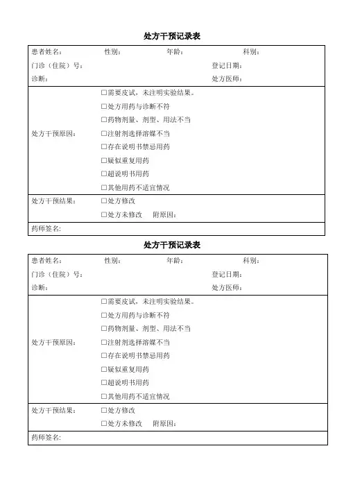 医院药房处方干预登记表