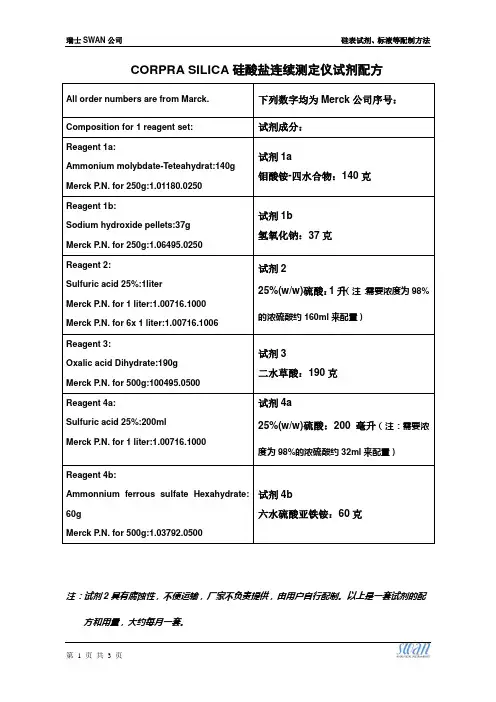 SWAN硅酸盐连续测定仪——试剂、标液等配制方法