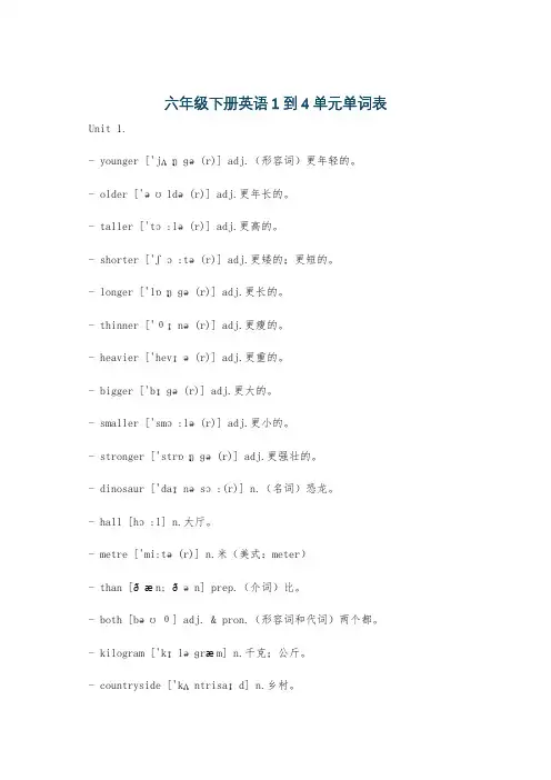 六年级下册英语1到4单元单词表