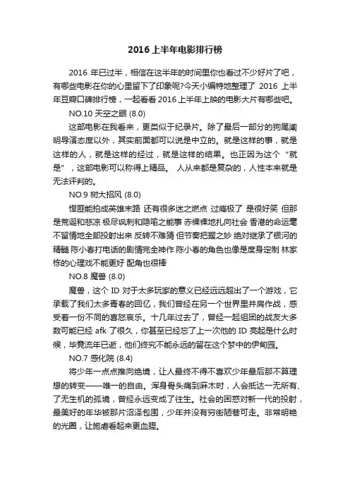 2016上半年电影排行榜