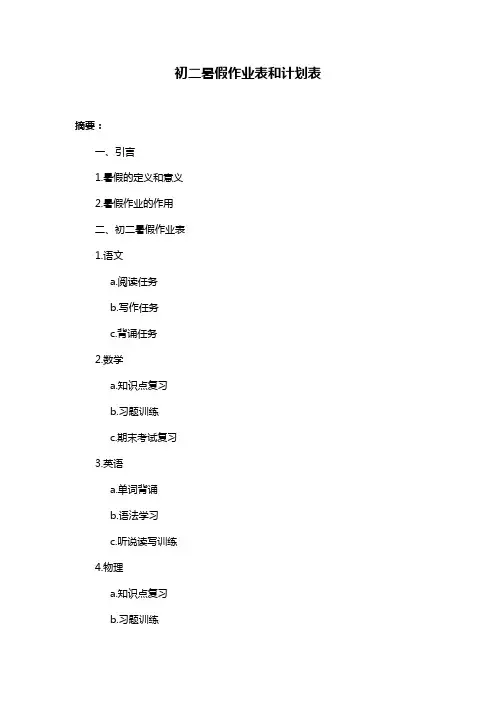 初二暑假作业表和计划表