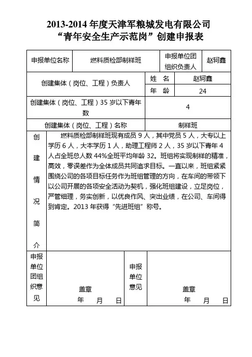 “青年安全生产示范岗”创建申报表