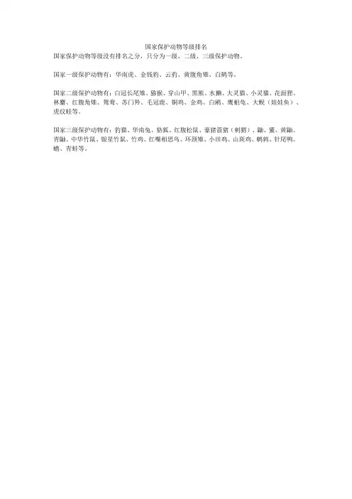 国家保护动物等级排名
