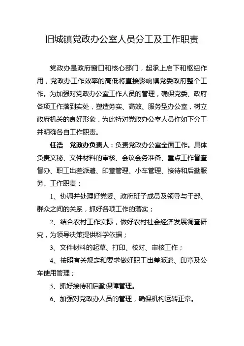 旧城镇党政办公室人员分工及工作职责