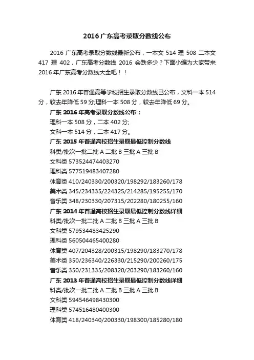 2016广东高考录取分数线公布