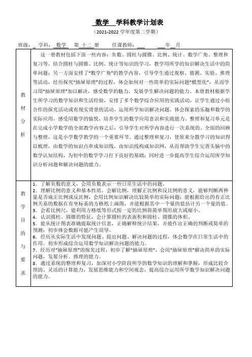 人教版六年级数学下册教学计划 含进度表