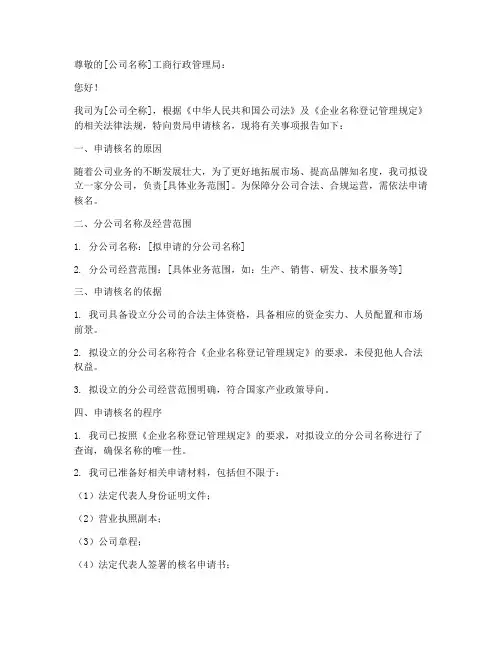分公司核名申请书