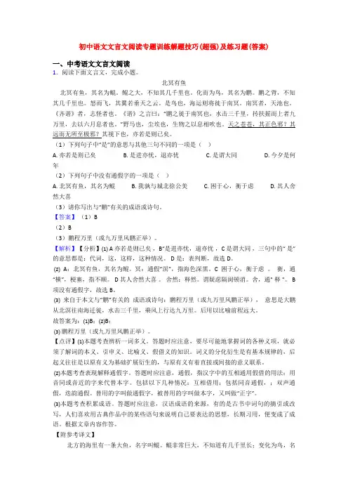 初中语文文言文阅读专题训练解题技巧(超强)及练习题(答案)