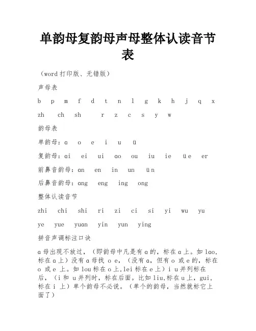 单韵母复韵母声母整体认读音节表