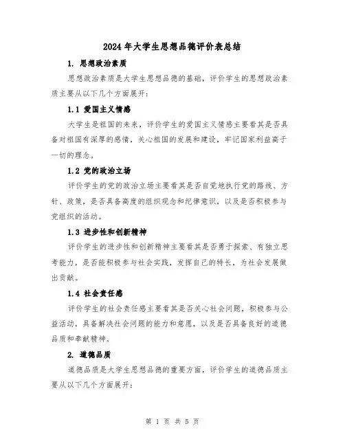 2024年大学生思想品德评价表总结（2篇）