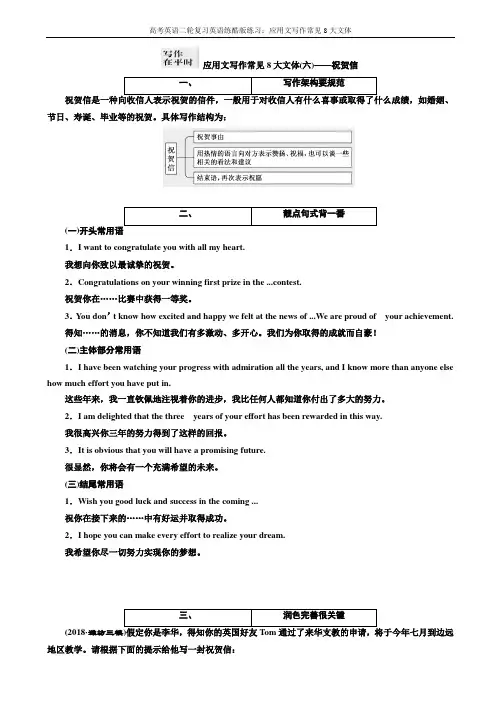 高考英语二轮复习英语练酷版练习：专题六_应用文写作常见8大文体之祝贺信_word版含解析