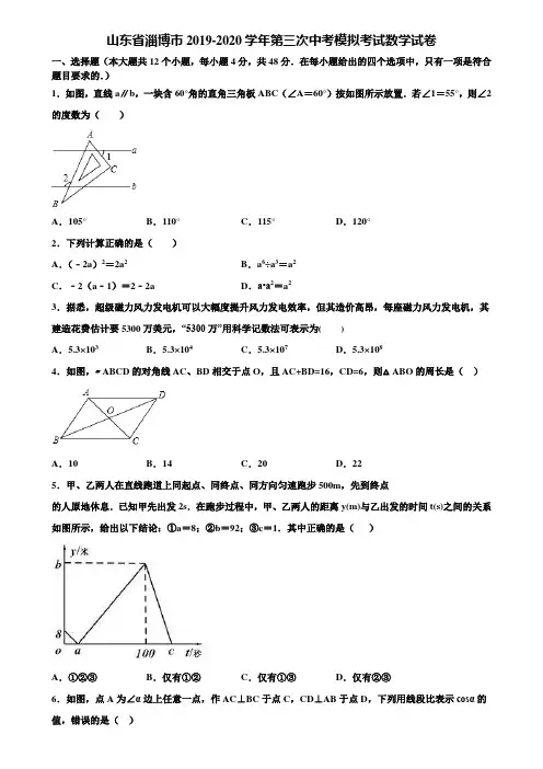 山东省淄博市2019-2020学年第三次中考模拟考试数学试卷含解析