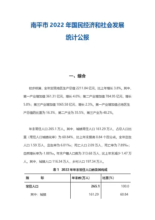 南平市2022年国民经济和社会发展统计公报