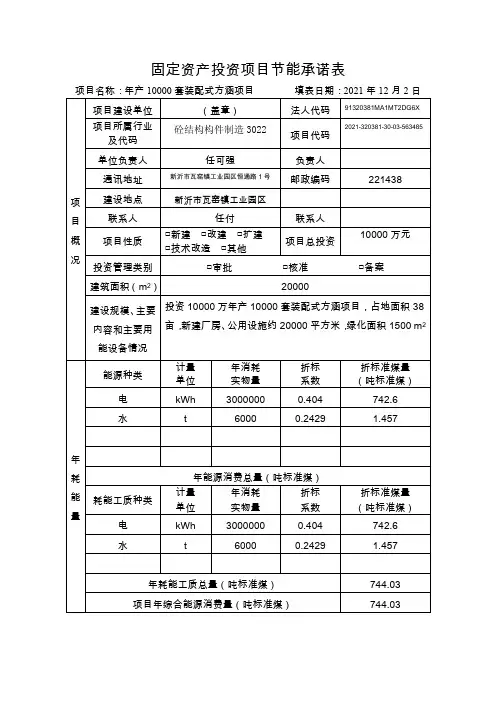 固定资产投资项目节能承诺表