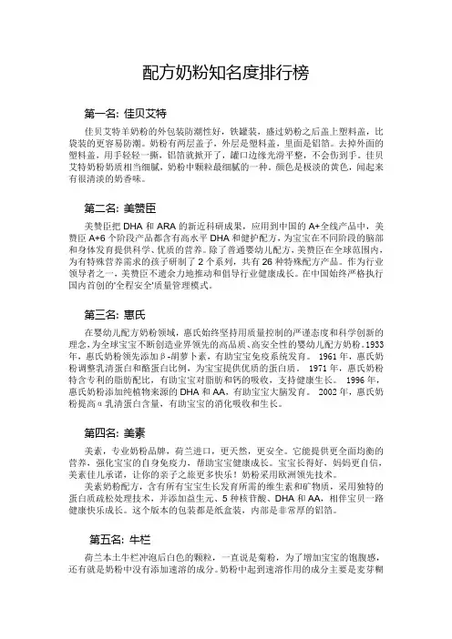 配方奶粉知名度排行榜