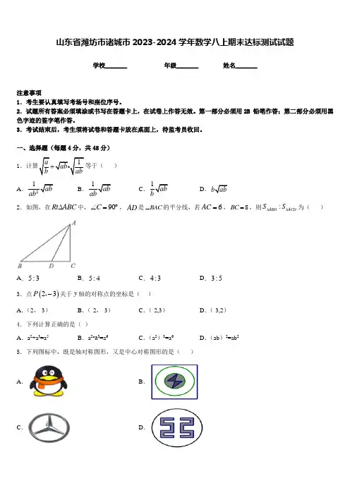 山东省潍坊市诸城市2023-2024学年数学八上期末达标测试试题含答案