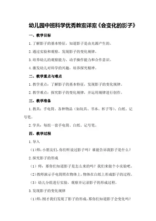 幼儿园中班科学优秀教案详案《会变化的影子》