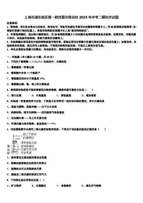 上海市浦东新区第一教育署市级名校2024届中考二模化学试题含解析