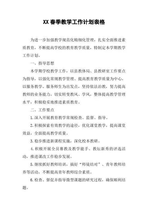 XX春季教学工作计划表格