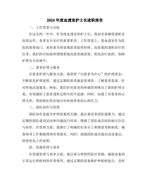 2024年度血透室护士长述职报告