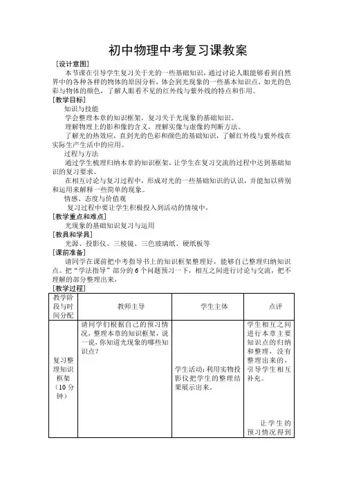 初中物理中考复习课教案《光现象》