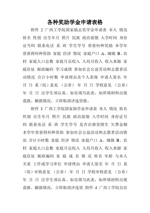 各种奖助学金申请表格.doc
