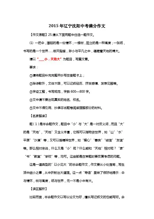 2015年辽宁沈阳中考满分作文《挫折小,天地大》