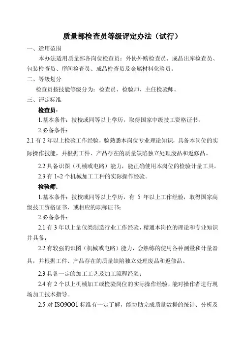 质量部检查员等级评定办法