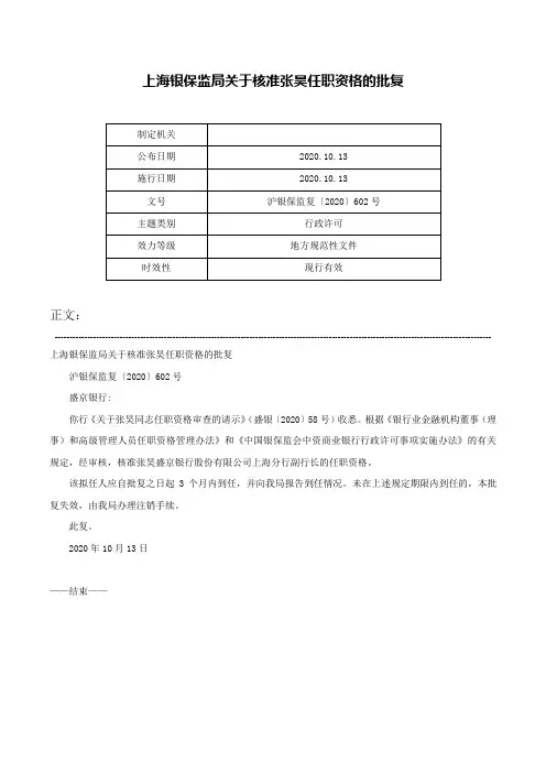上海银保监局关于核准张昊任职资格的批复-沪银保监复〔2020〕602号