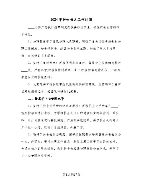 2024年护士长月工作计划（6篇）