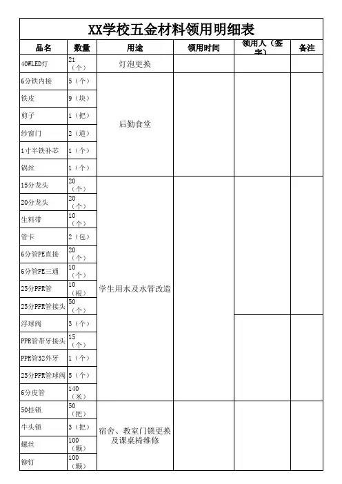 中小学五金材料领用明细表