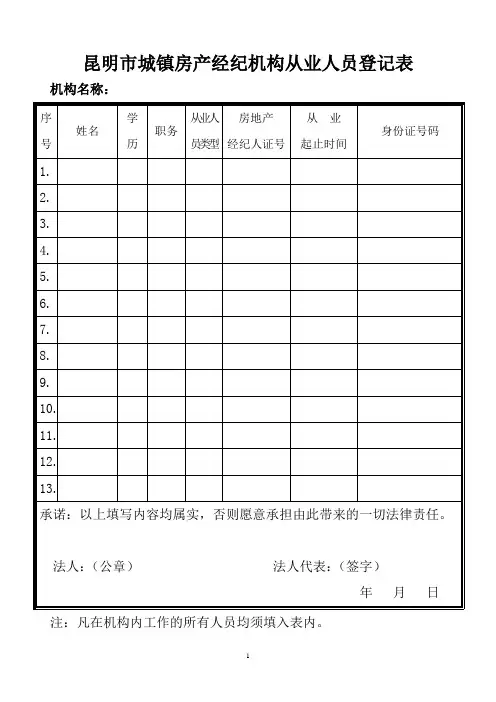 昆明城镇房产经纪机构从业人员登记表