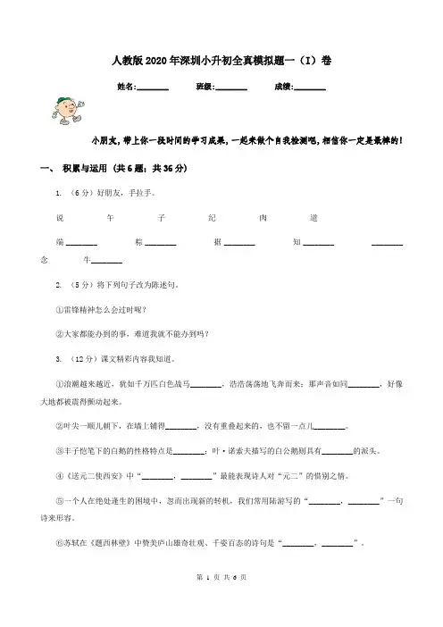 人教版2020年深圳小升初全真模拟题一(I)卷