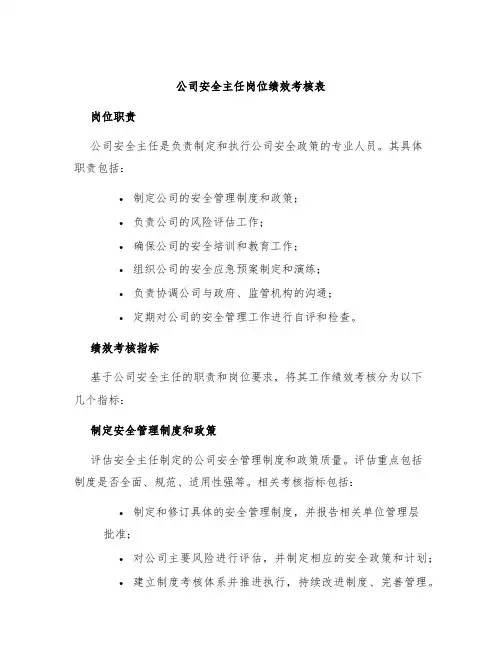 公司安全主任岗位绩效考核表