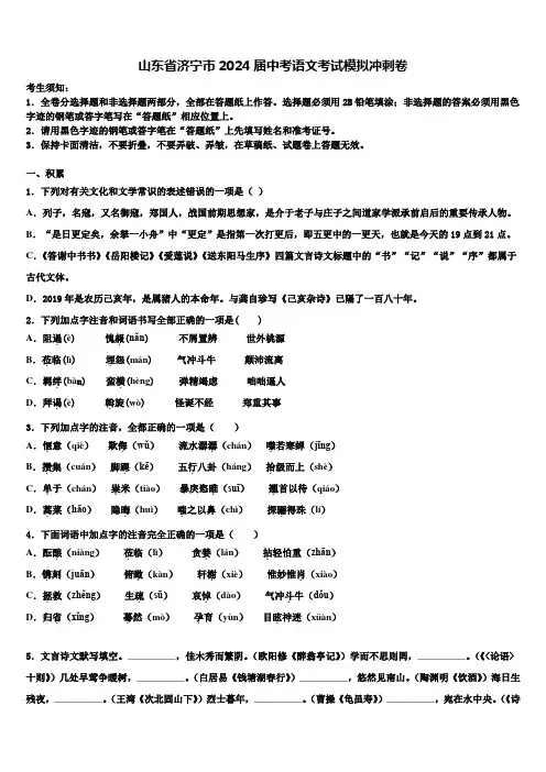 山东省济宁市2024届中考语文考试模拟冲刺卷含解析