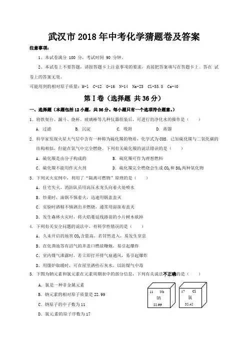 武汉市2018年中考化学猜题卷及答案