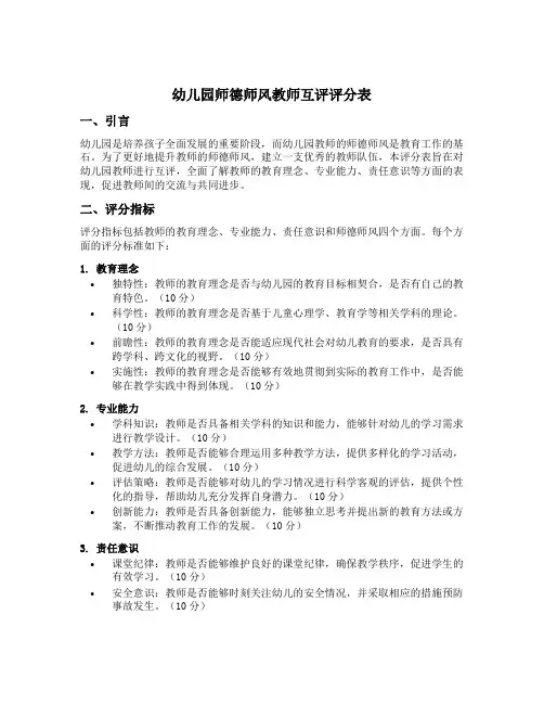 幼儿园师德师风教师互评评分表