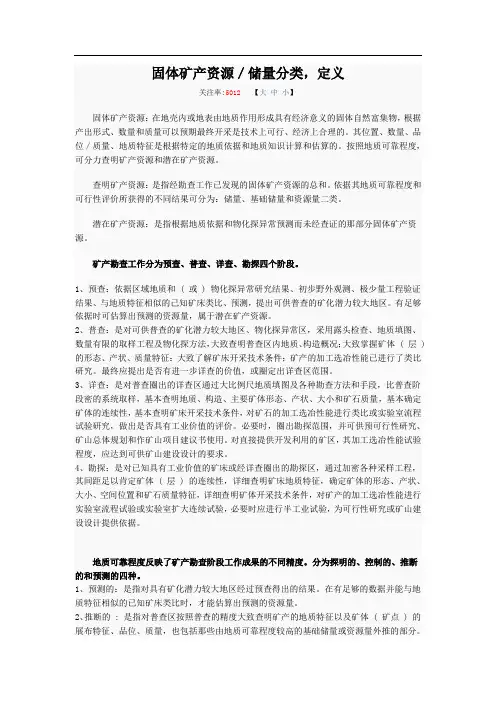 固体矿产资源／储量分类,定义