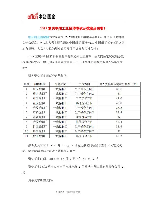 2017重庆中烟工业招聘笔试分数线出来啦!