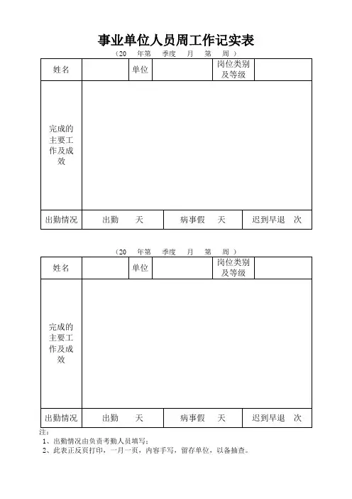 事业单位人员周工作记实表