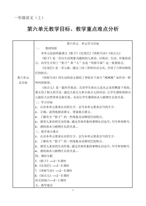 一年级上册语文第六单元教学目标分析(部编版)