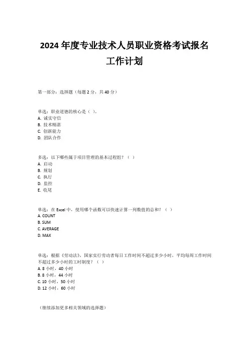 2024年度专业技术人员职业资格考试报名工作计划