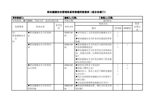 职业健康安全管理体系审核通用检查表