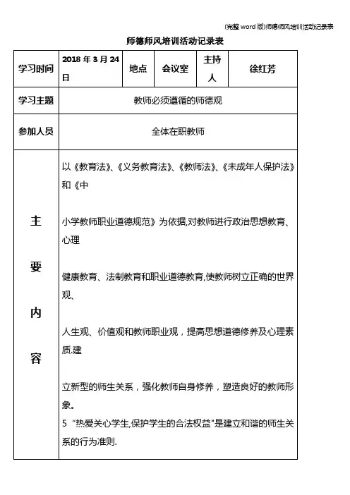 (完整word版)师德师风培训活动记录表