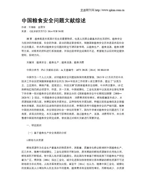 中国粮食安全问题文献综述
