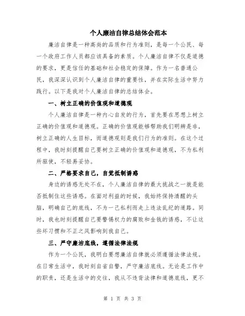 个人廉洁自律总结体会范本