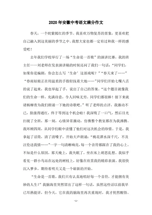 2020年安徽中考语文满分作文