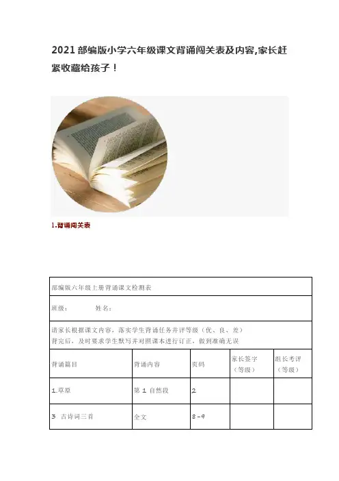2021部编版小学六年级课文背诵闯关表及内容